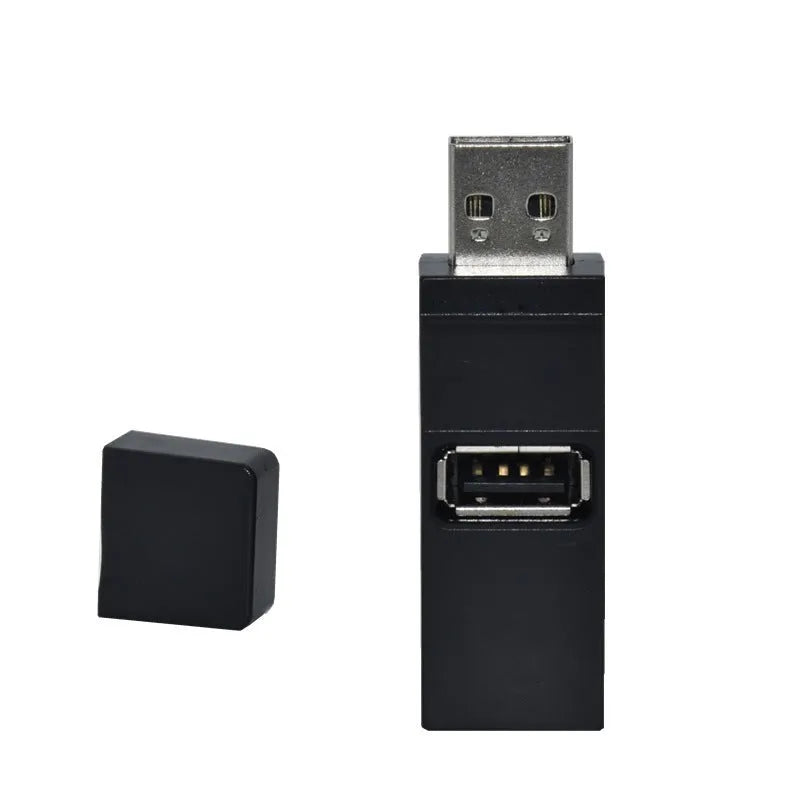 USB 2.0 mini portable splitter hub in black with four ports for laptop and desktop