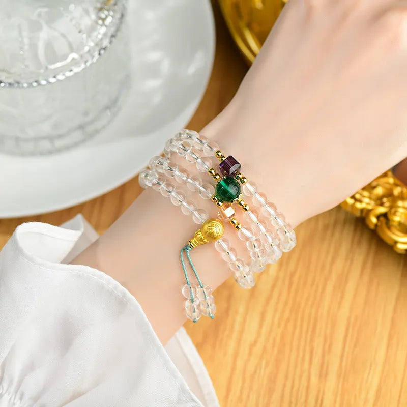 White crystal 108 bead rosary bracelet with geometric ethnic style design