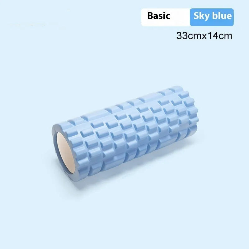 A firm EVA foam roller for fitness and yoga, shown in a selection of colours including black, pink, and sky blue.