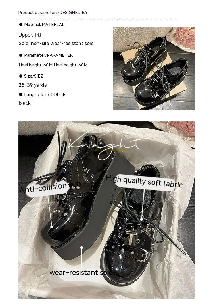Solid black punk platform shoes with leather upper, rubber sole, and visible stitching detail