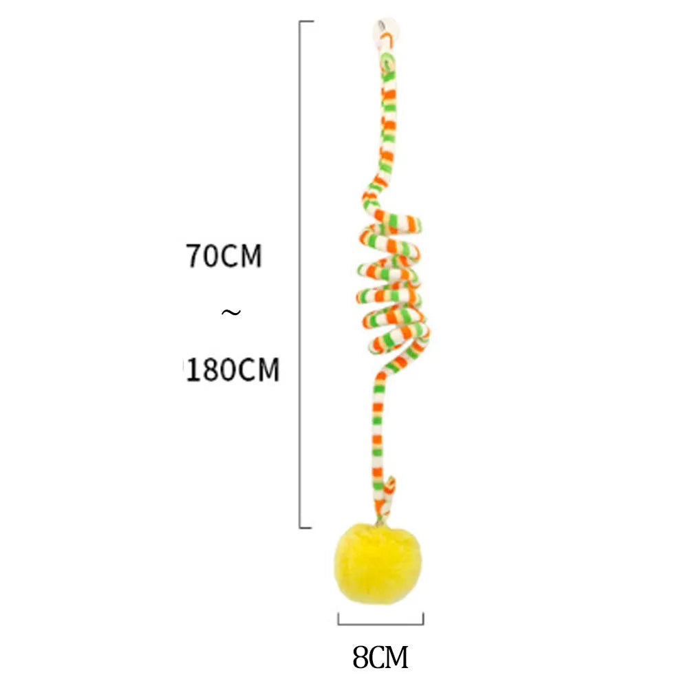 Hanging cat toy with coloured inflatable ball and suction cup attachment for doors and windows