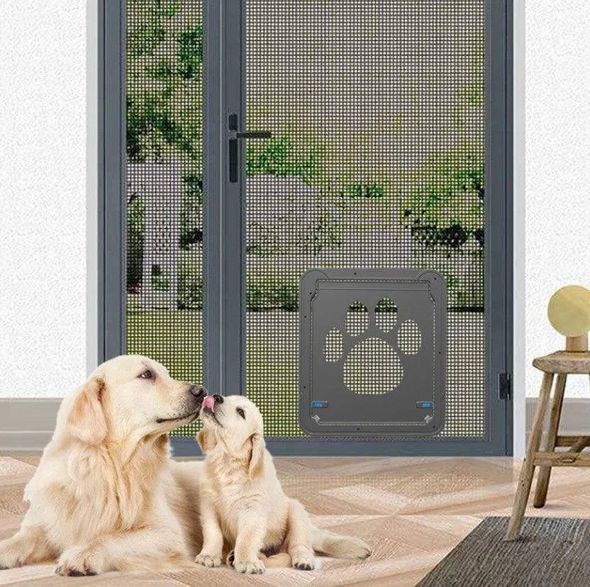 Lockable black pet screen door with ABS frame and nylon mesh for small cats and dogs on a screen window