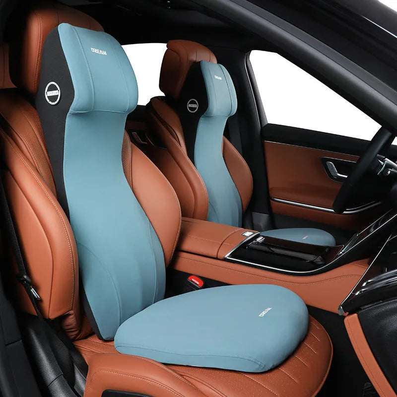 Black memory foam car cushion with integrated headrest and lumbar support pillow