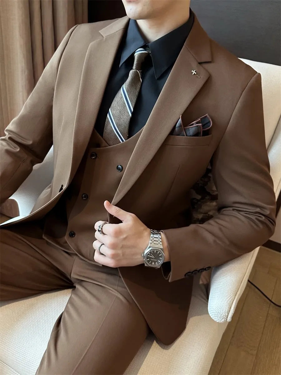 Men's slim-fit dark green business blazer on a hanger