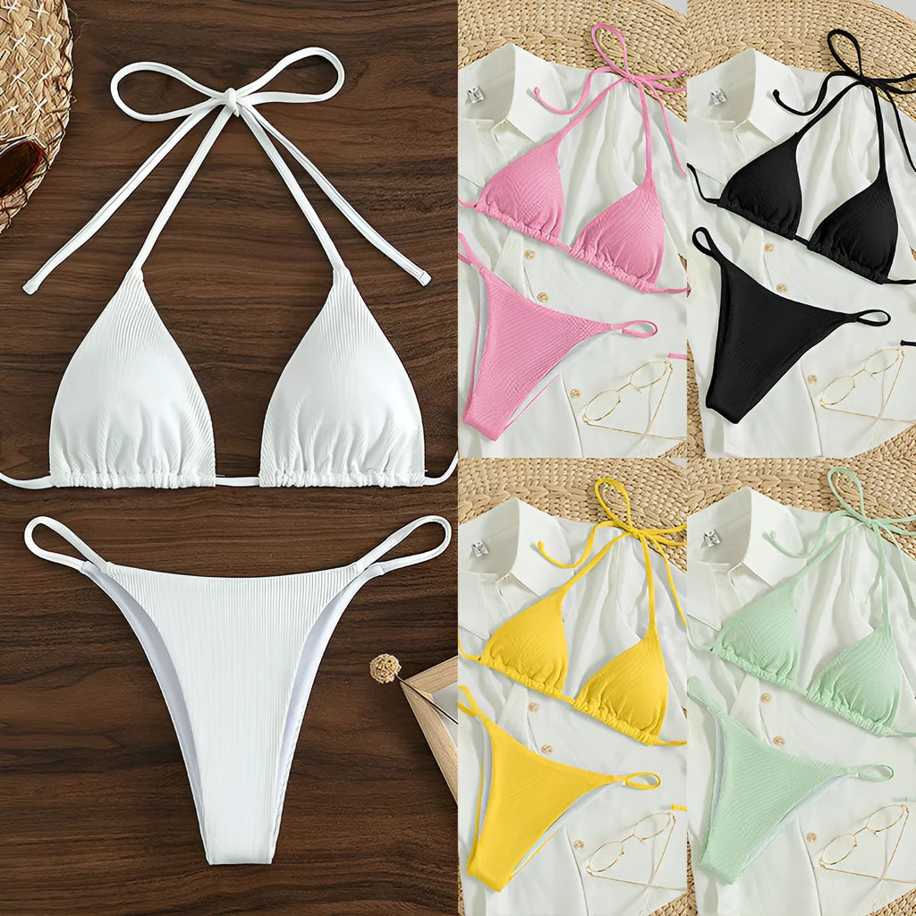 Women's lace up front tie bikini swimsuit on a hanger, showing adjustable detail and available in multiple colours.