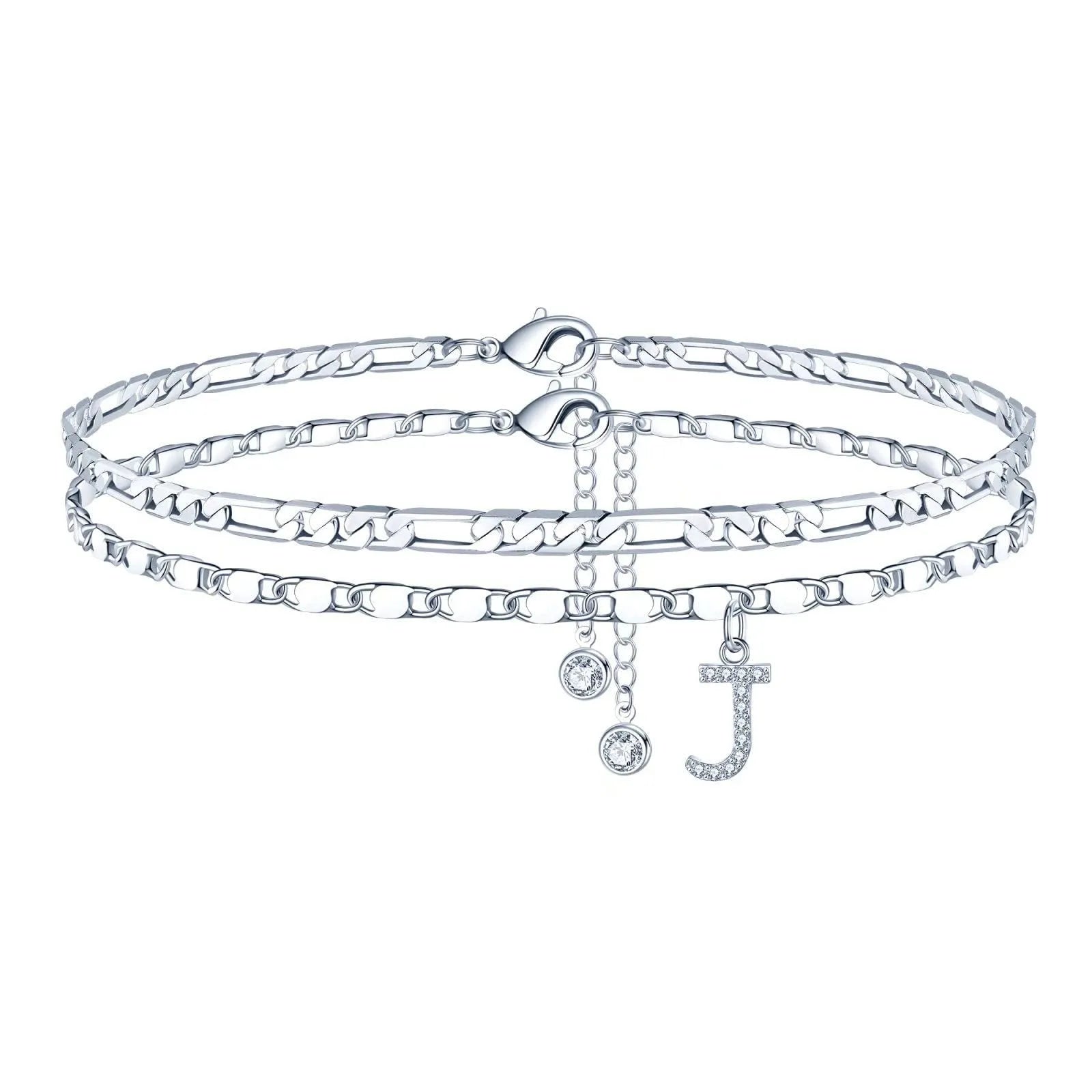 Silver colour copper anklet with double-circle design and text bead elements on ankle