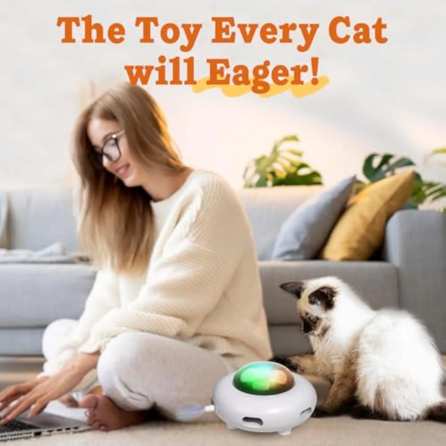 White 4 Angels UFO automatic interactive cat toy with feathers and LED lights