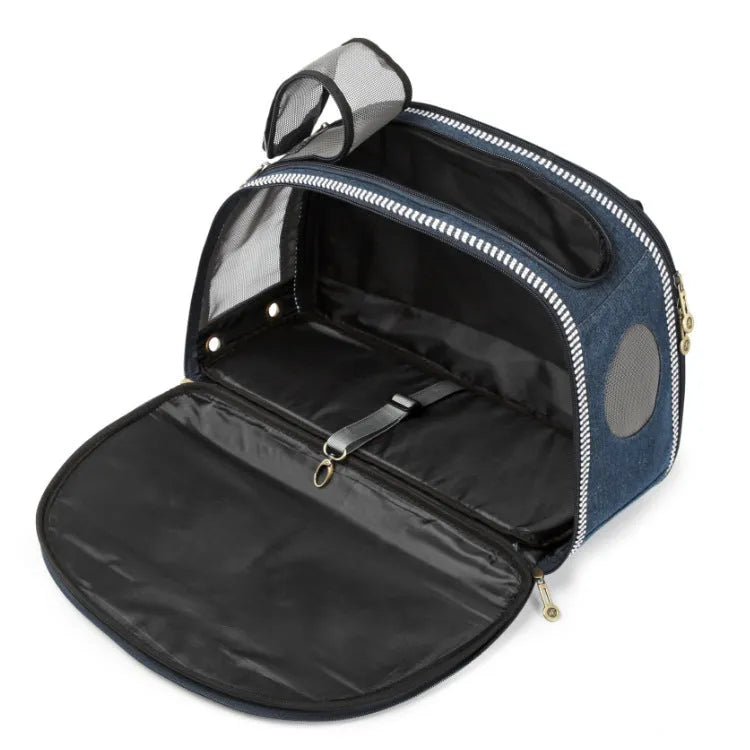Blue denim Japanese-style pet carrier bag with cartoon pattern, dimensions 43x20x30cm.