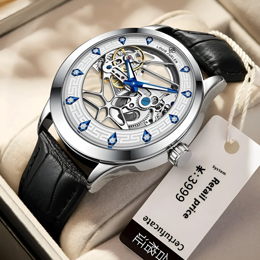 Men's silver case mechanical watch with white dial, blue luminous hands, and a black genuine leather strap.