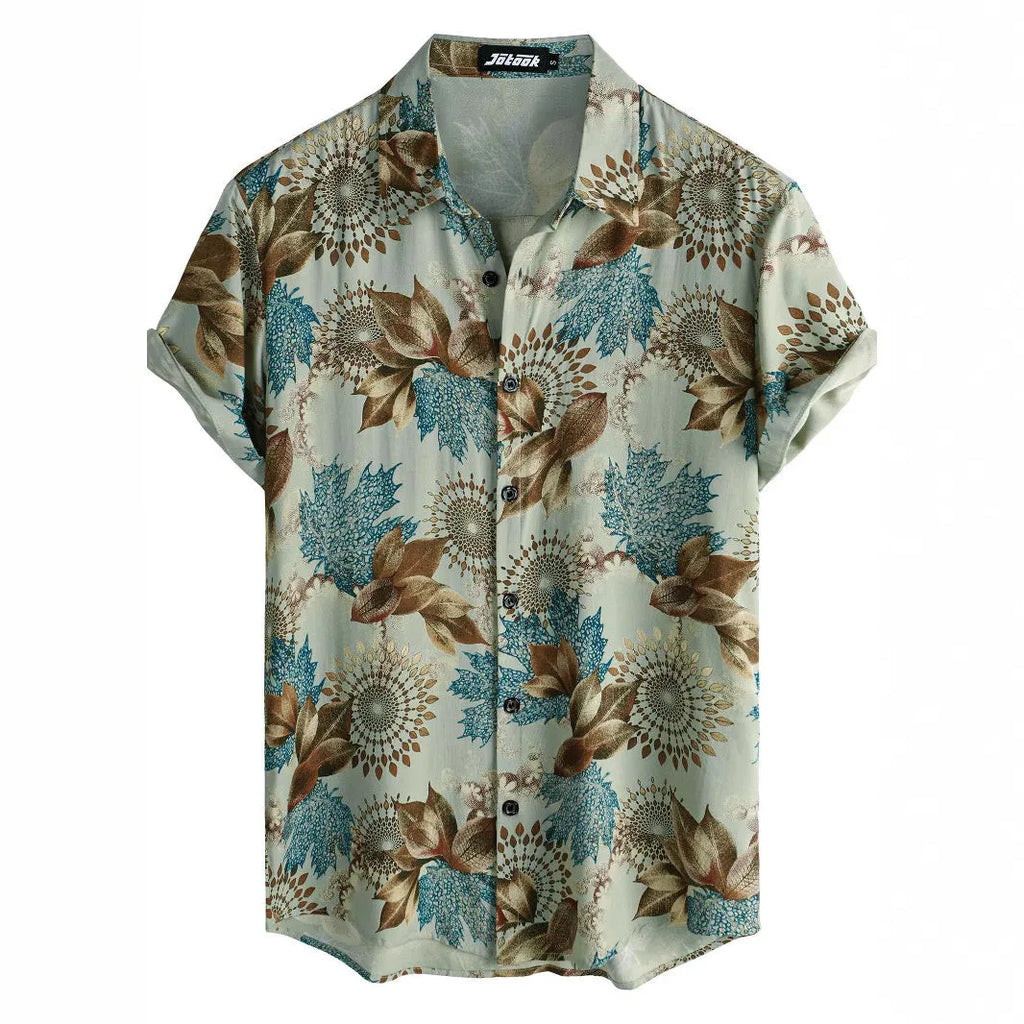 A man wearing a short sleeve floral print Hawaiian shirt with a button-up front and lapel collar.