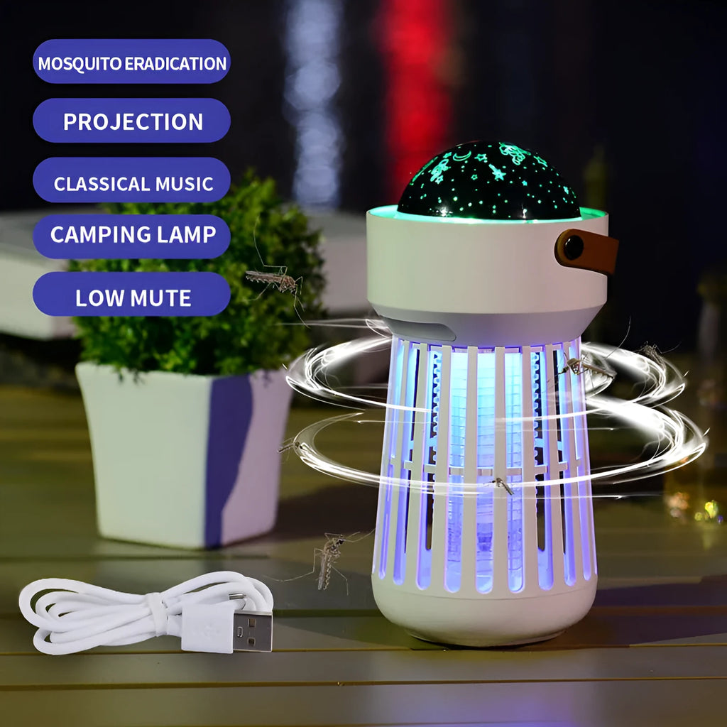 White electric mosquito killer lamp with star projection feature and a folding carry handle.