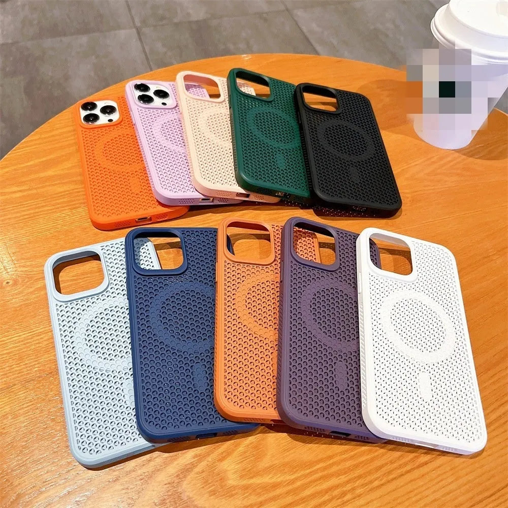 Honeycomb mesh magnetic phone case for iPhone in black, showing heat dissipation design and hard PC shell.
