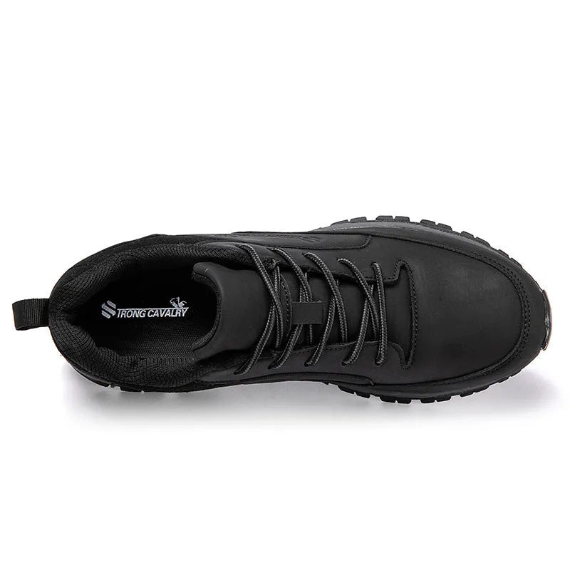 Men's black leather waterproof deodorant casual board shoes with front lace-up, side view
