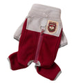 Four-legged fleece pet jacket in colour block design with full zipper and badge patch, sizes S-XXL for cats and small dogs.