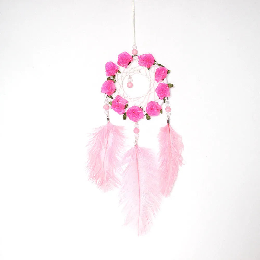 Pink dreamcatcher wind chime wall decoration with ostrich feathers, 10cm diameter