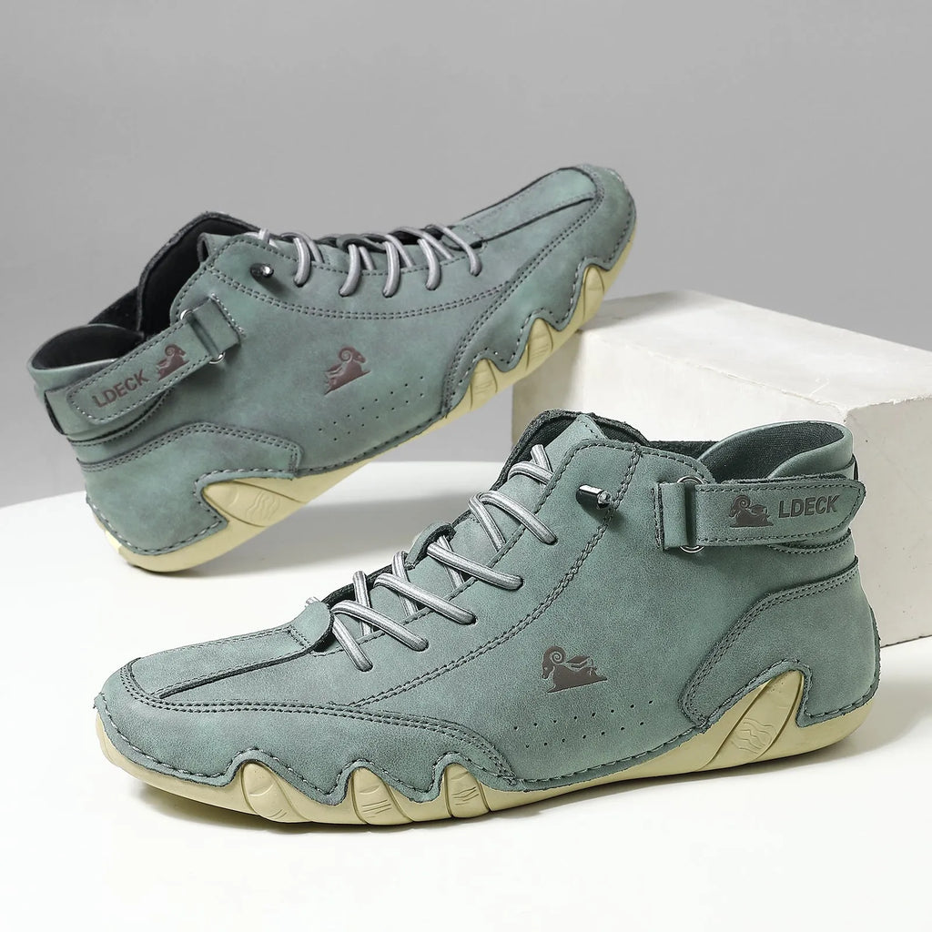 Men's octopus-themed high top trainers in khaki colour with a rubber sole and microfiber upper.