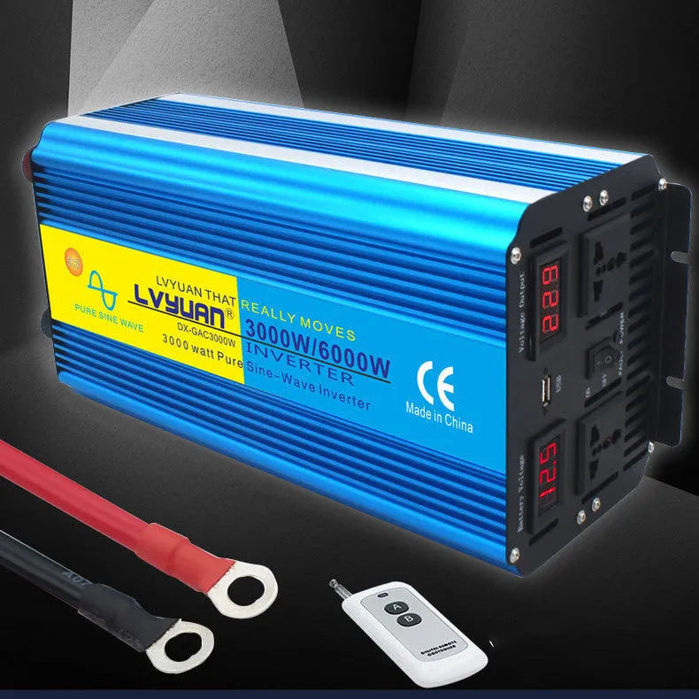 Blue 3000W pure sine wave power inverter with digital display and British Standard sockets