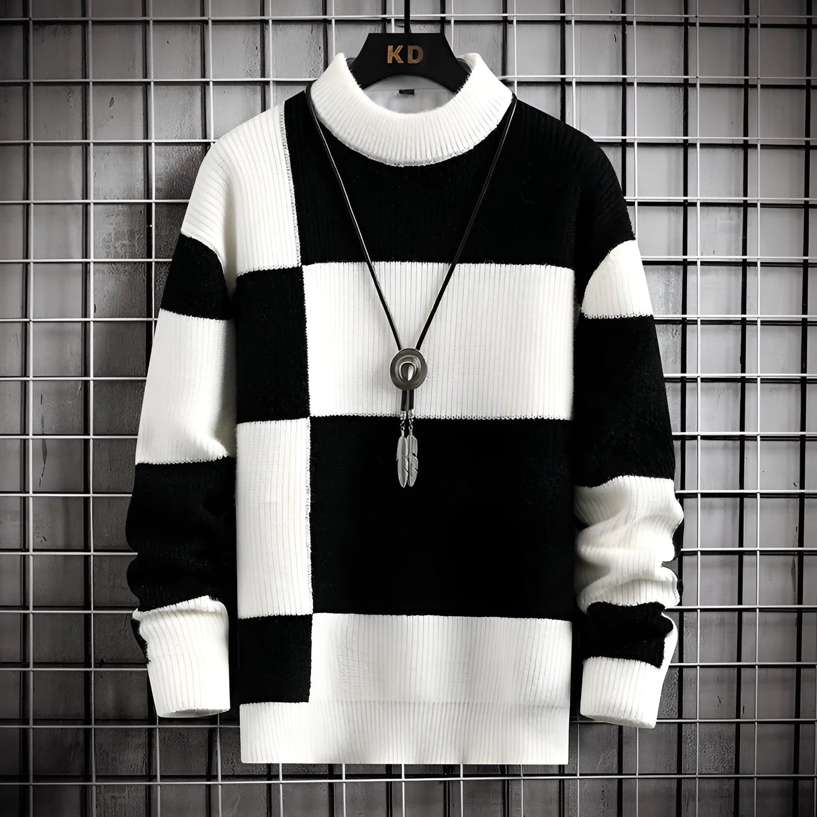 Men's casual cardigan sweater coat in modal fabric, colour block design, available in white collar with black option, thickened loose fit.