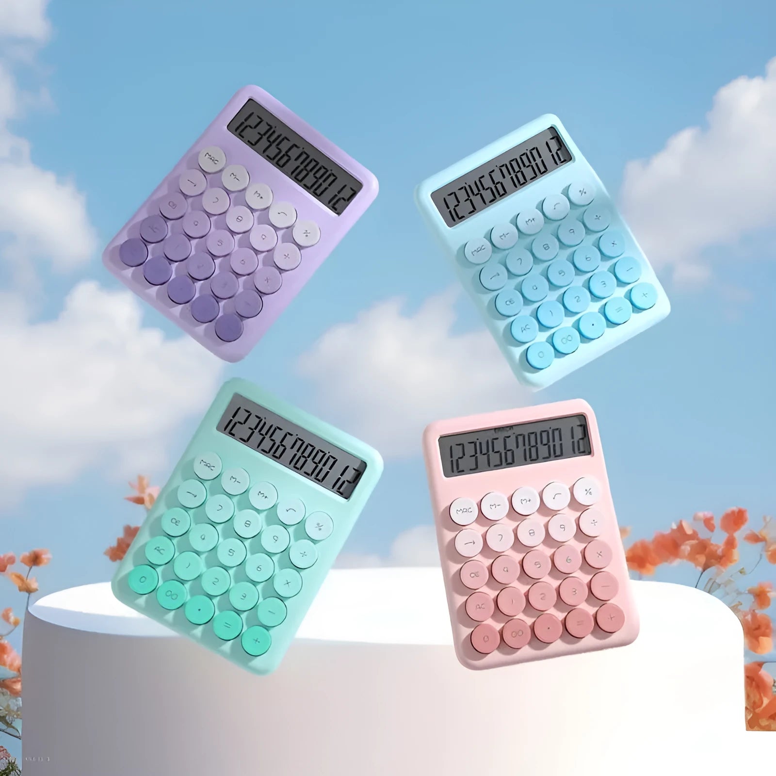 Desk calculator with gradient colour design in violet, pink, blue, and green options