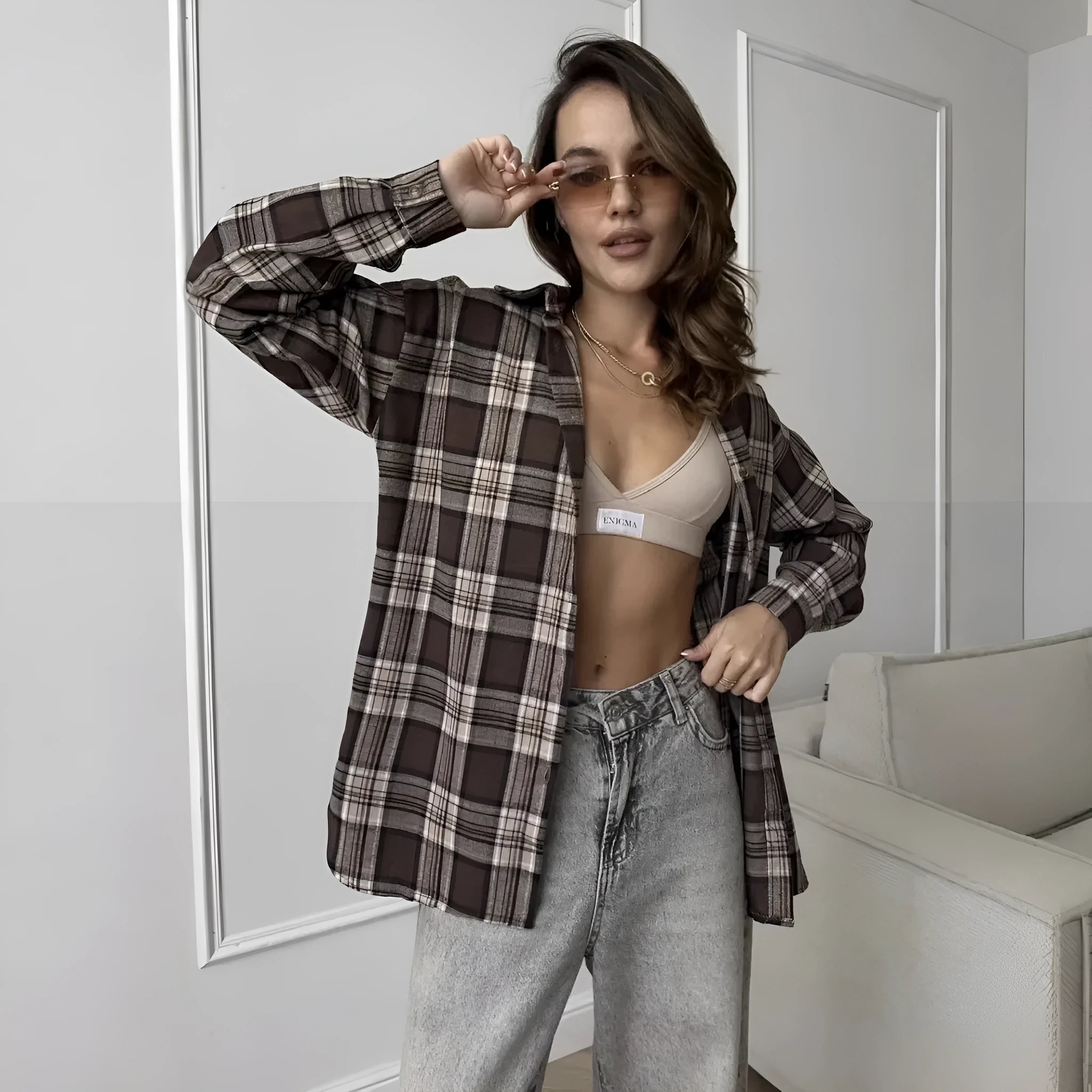 Women's dark brown striped long sleeve shirt in retro style with pocket option