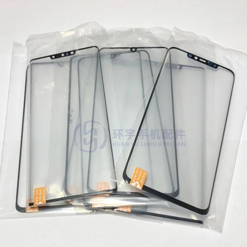 OnePlus 7 Pro replacement touch screen glass panel showing manufacturer logo and clear glass surface