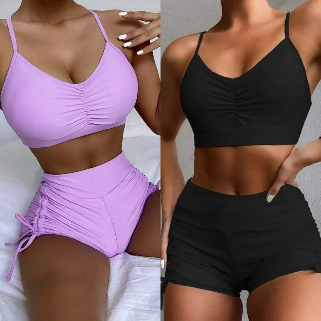 Women's solid colour high-waisted bikini set with a sleeveless top, shown in purple.