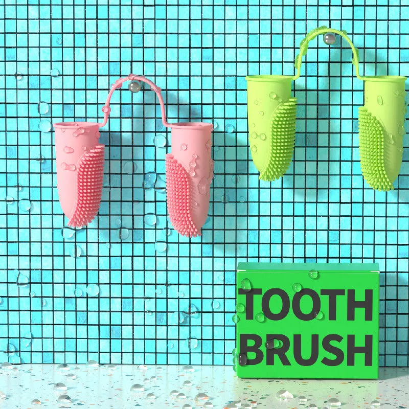 TPR double finger dog toothbrush set in pink, blue green and grass yellow colours for canine dental care
