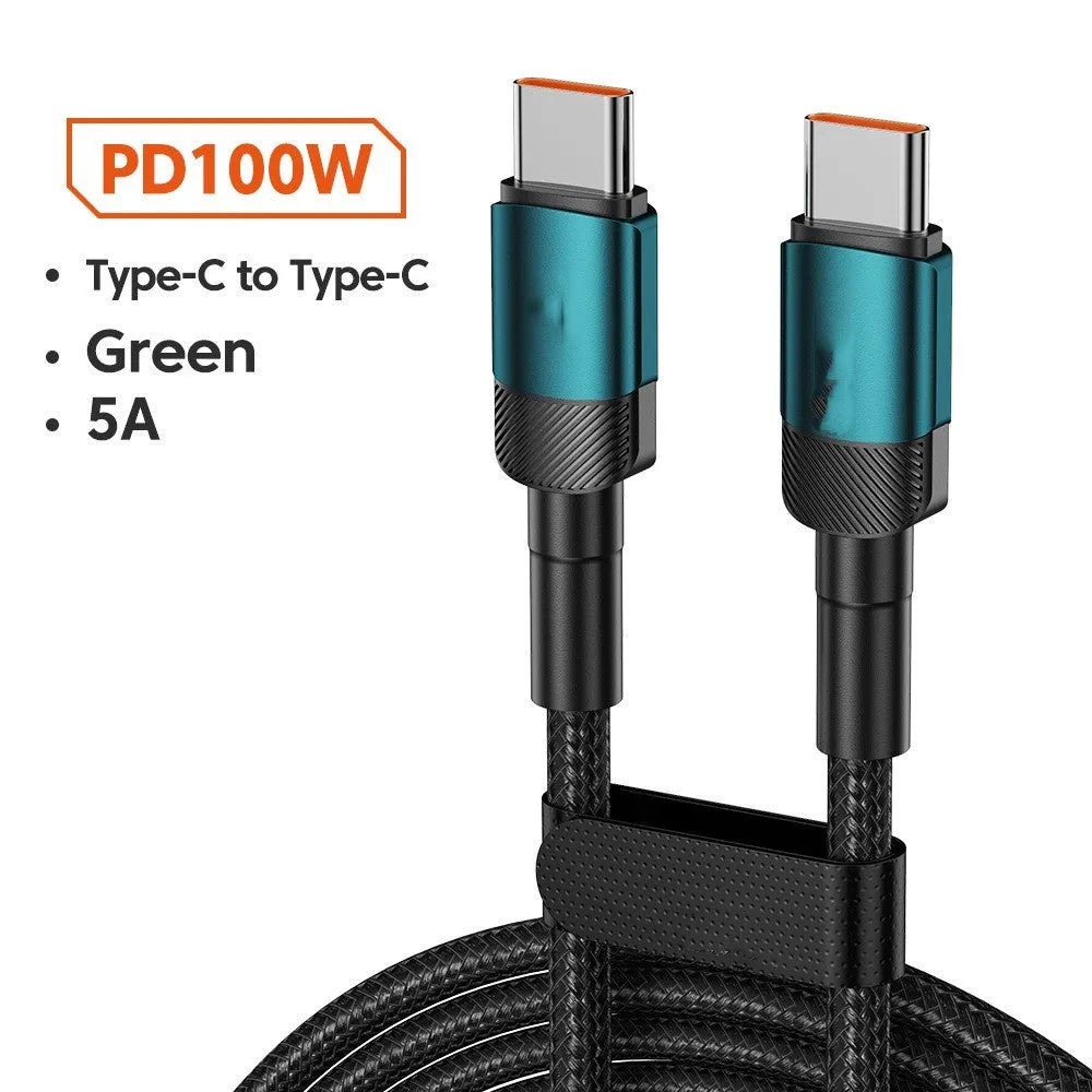 Black woven USB cable with aluminium alloy connectors shown at 100W fast charge length options