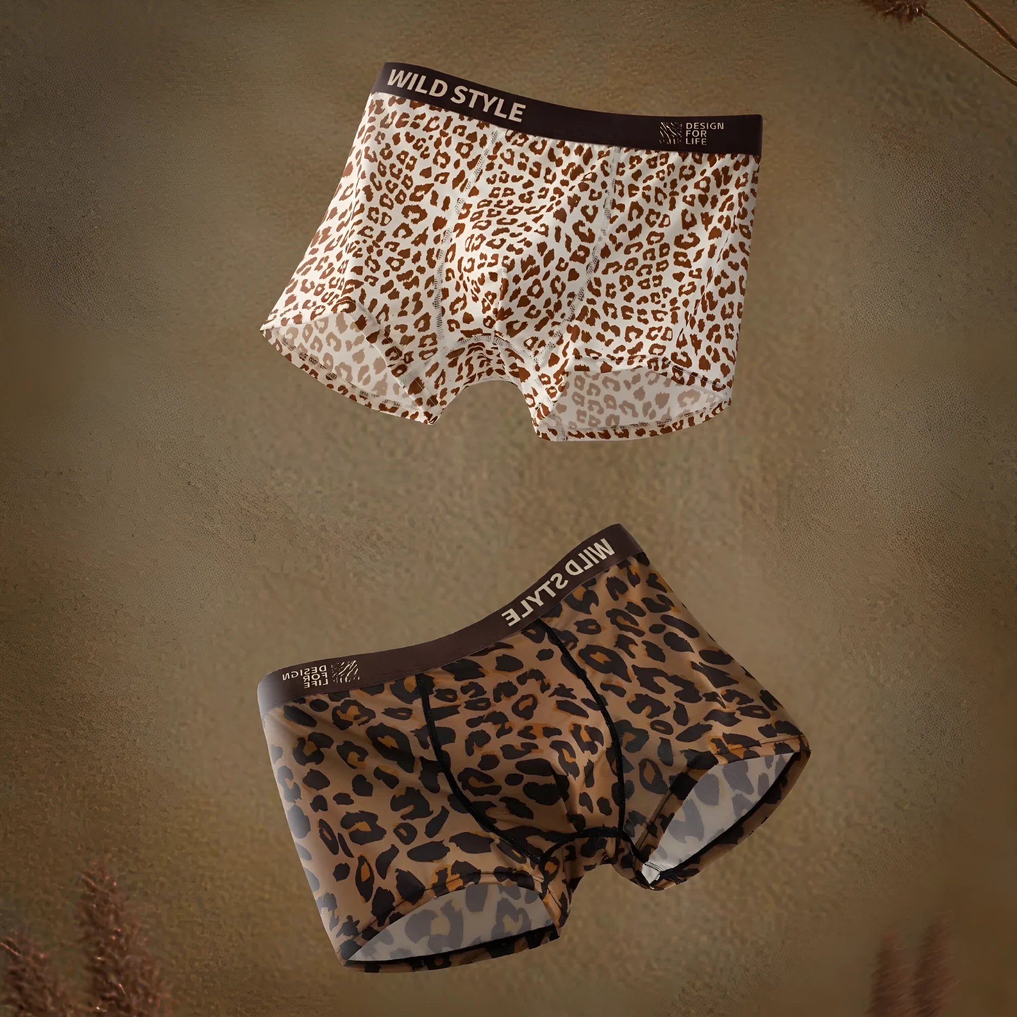 Men's leopard print ice silk polyester underwear pants on a mid waist