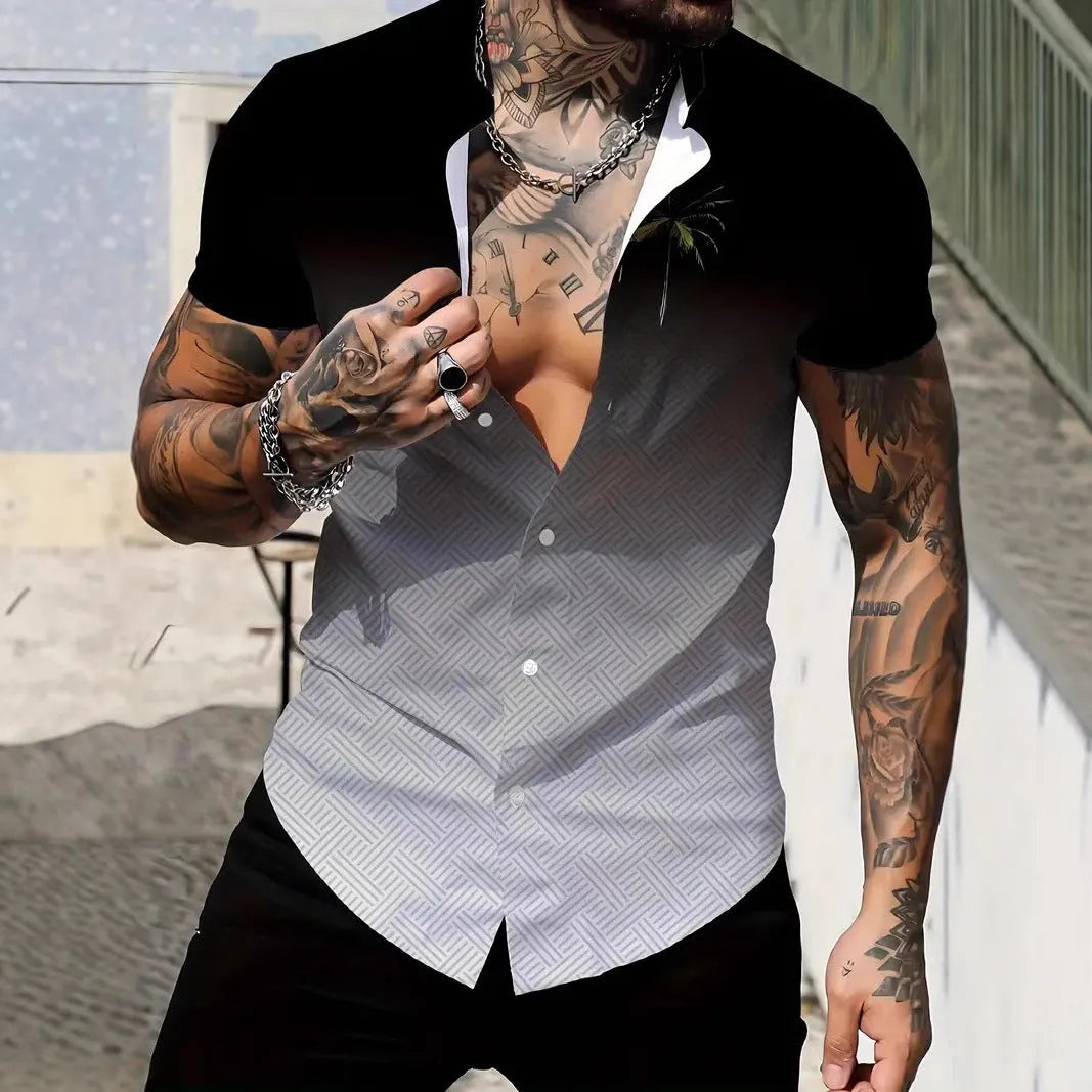 Men's geometric patterned short sleeve shirt with lapel collar in slim fit