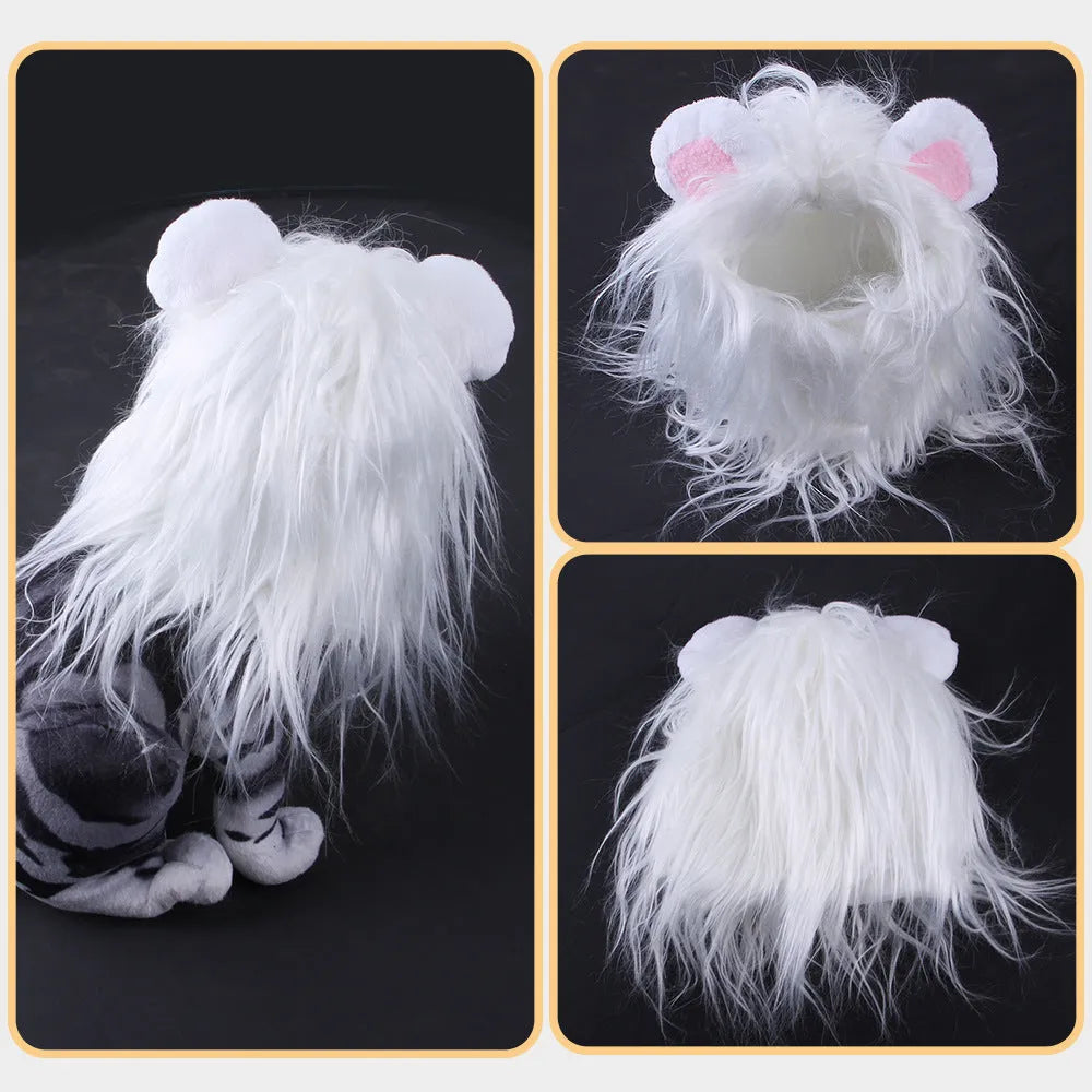 Black and white lion mane wig hat headgear for a cat or small dog wearing the costume.