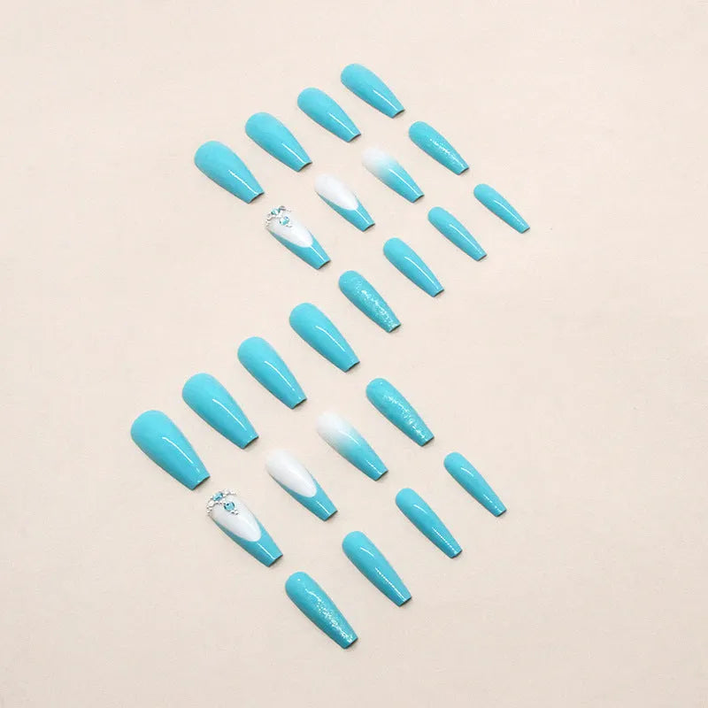 Smart blue diamond colour ballet-length artificial nails with adhesive glue