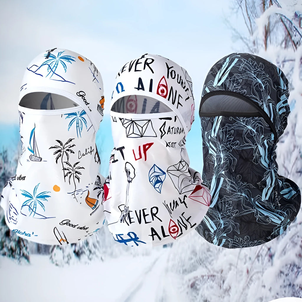 Cotton unisex motorcycle head cover and gloves set in dome style, shown in multiple colour options including patterned grey and sky blue.
