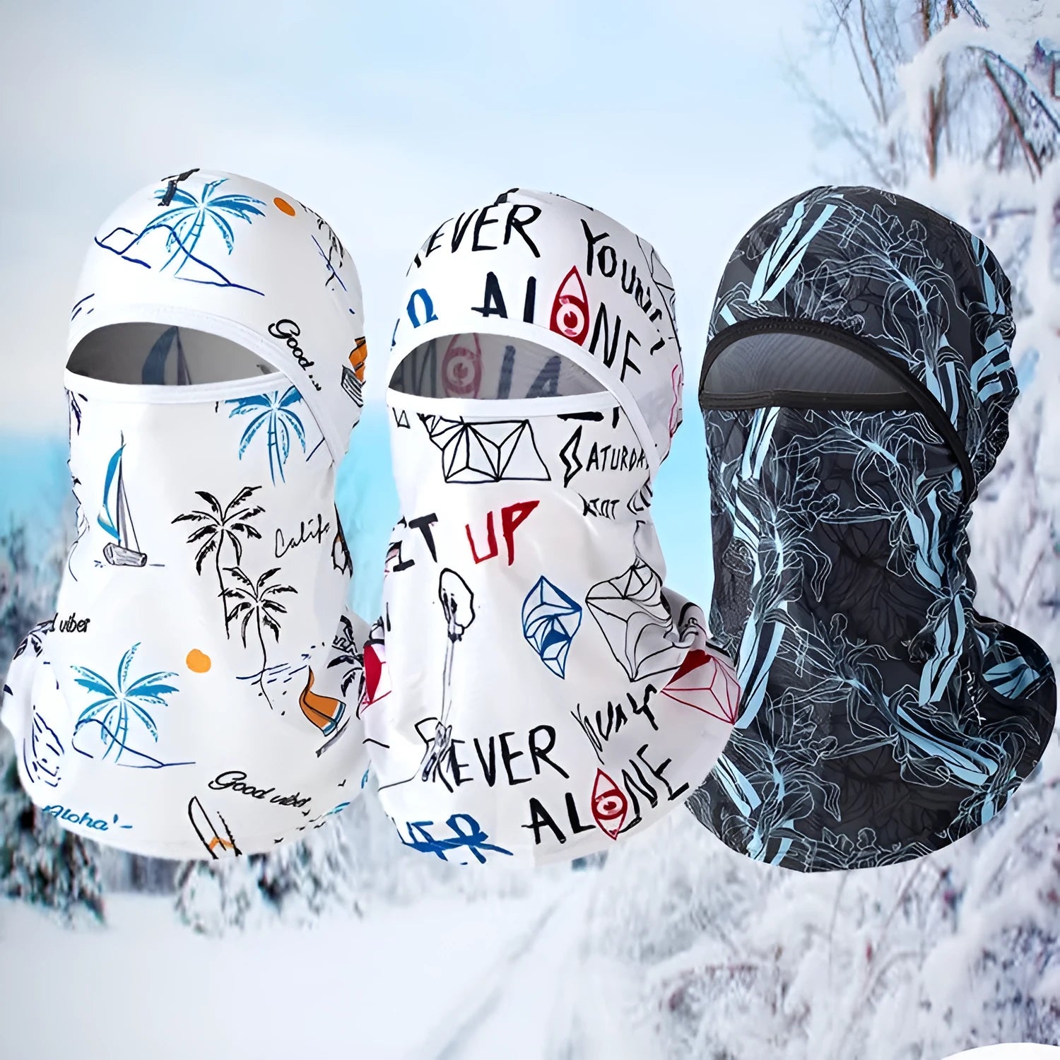 Cotton unisex motorcycle head cover and gloves set in dome style, shown in multiple colour options including patterned grey and sky blue.