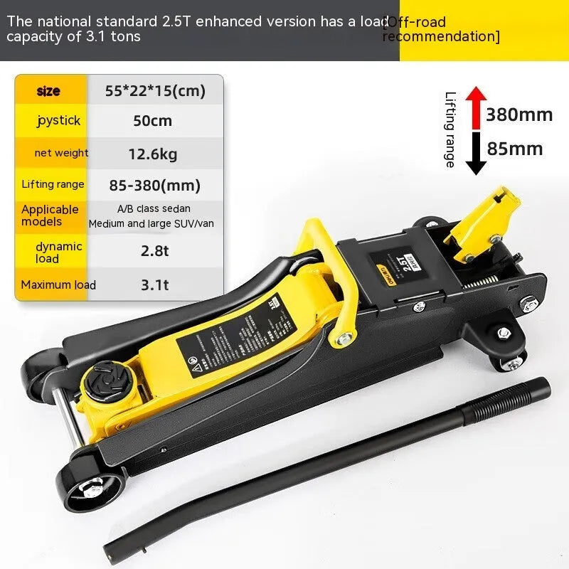 Horizontal hydraulic low car jack with handle for vehicle tyre changes