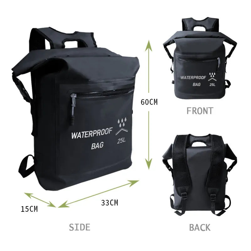 Black 25 litre waterproof backpack for outdoor swimming and rafting