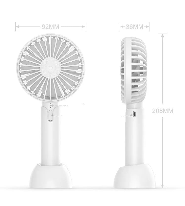 Blue handheld mini electric fan with USB cable, three-speed controls, and oscillation function on desktop