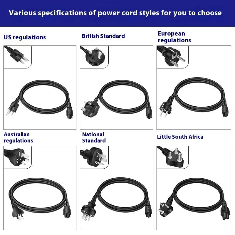 Black 65W USB-C laptop power adapter with multiple international plug attachments on white background