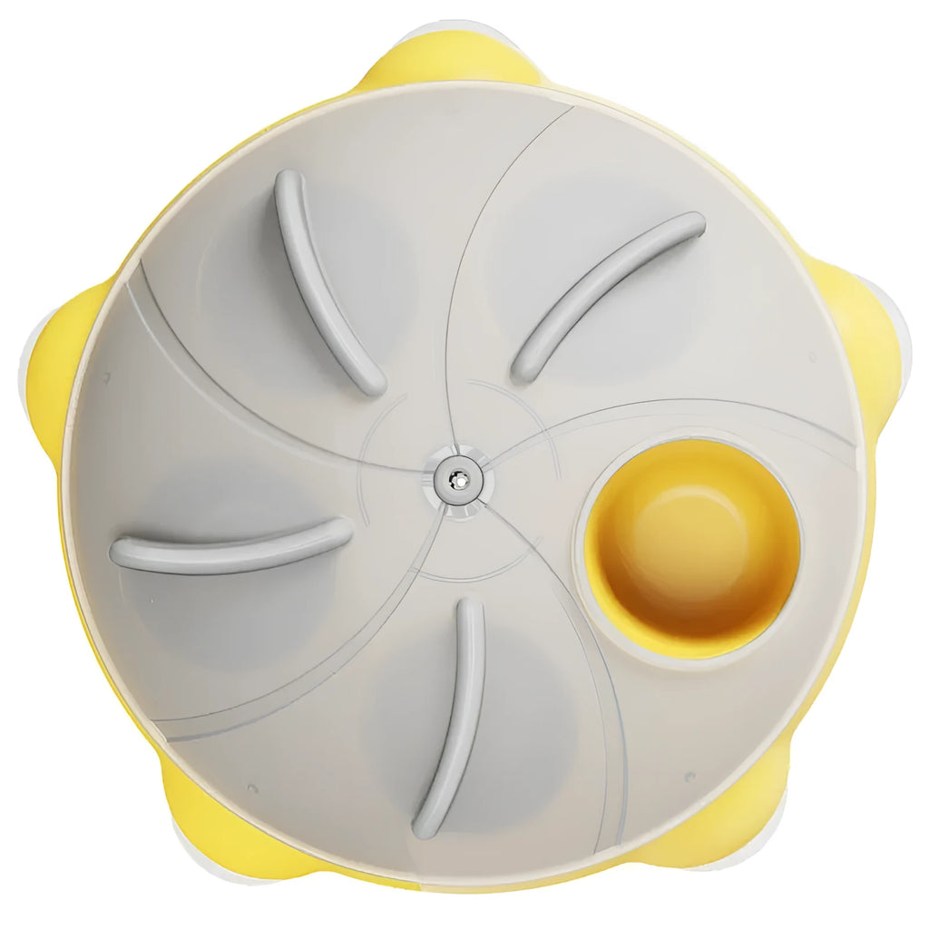 Yellow educational cat puzzle feeder bowl with adjustable difficulty compartments for treat storage