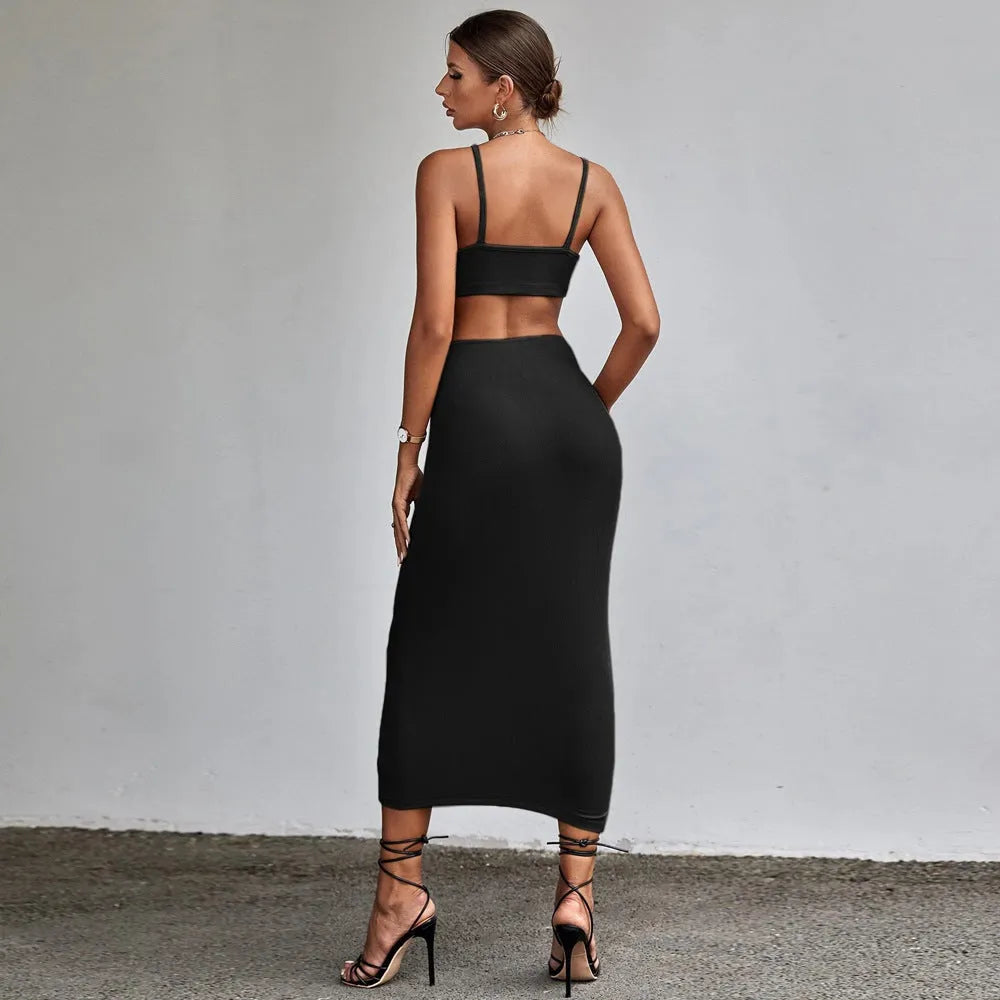 Solid colour hollow V-neck sleeveless midi pencil dress with lace-up front in khaki and black for women