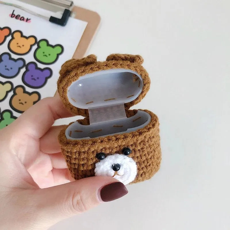 Plush brown bear flip-style Bluetooth headset case for AirPods 1 2 3 and Pro soft knit material