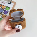 Plush brown bear flip-style Bluetooth headset case for AirPods 1 2 3 and Pro soft knit material