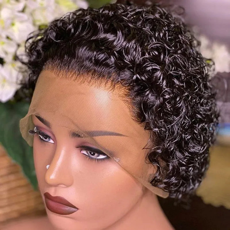Black lace front wig cap with short, styled 13x1 colour human hair in a natural pixie cut.