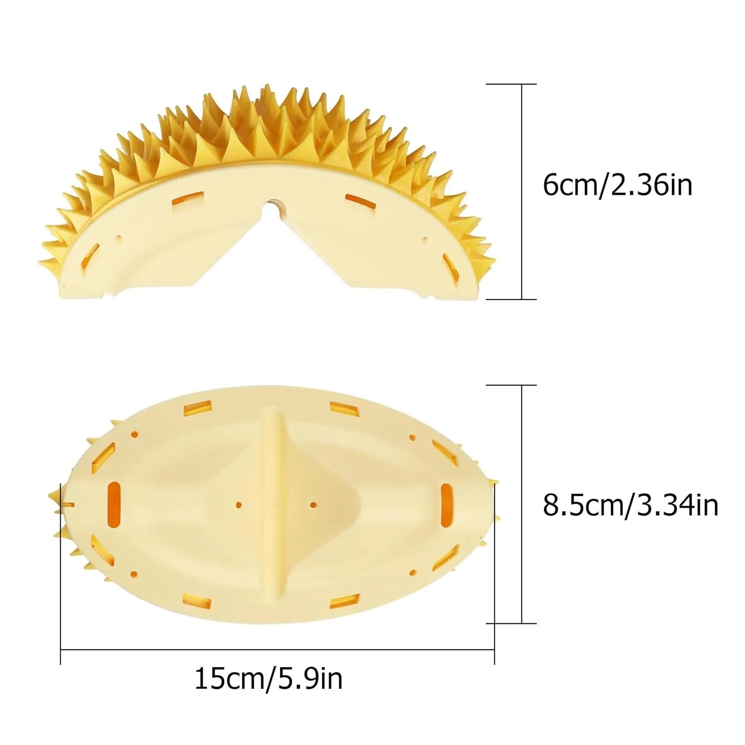 Yellow durian-shaped cat corner scratcher with textured surface and included mint powder packet