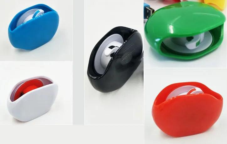 Automatic earphone cable winder showing white, blue, and black units with cable retracted into 72mm storage box.