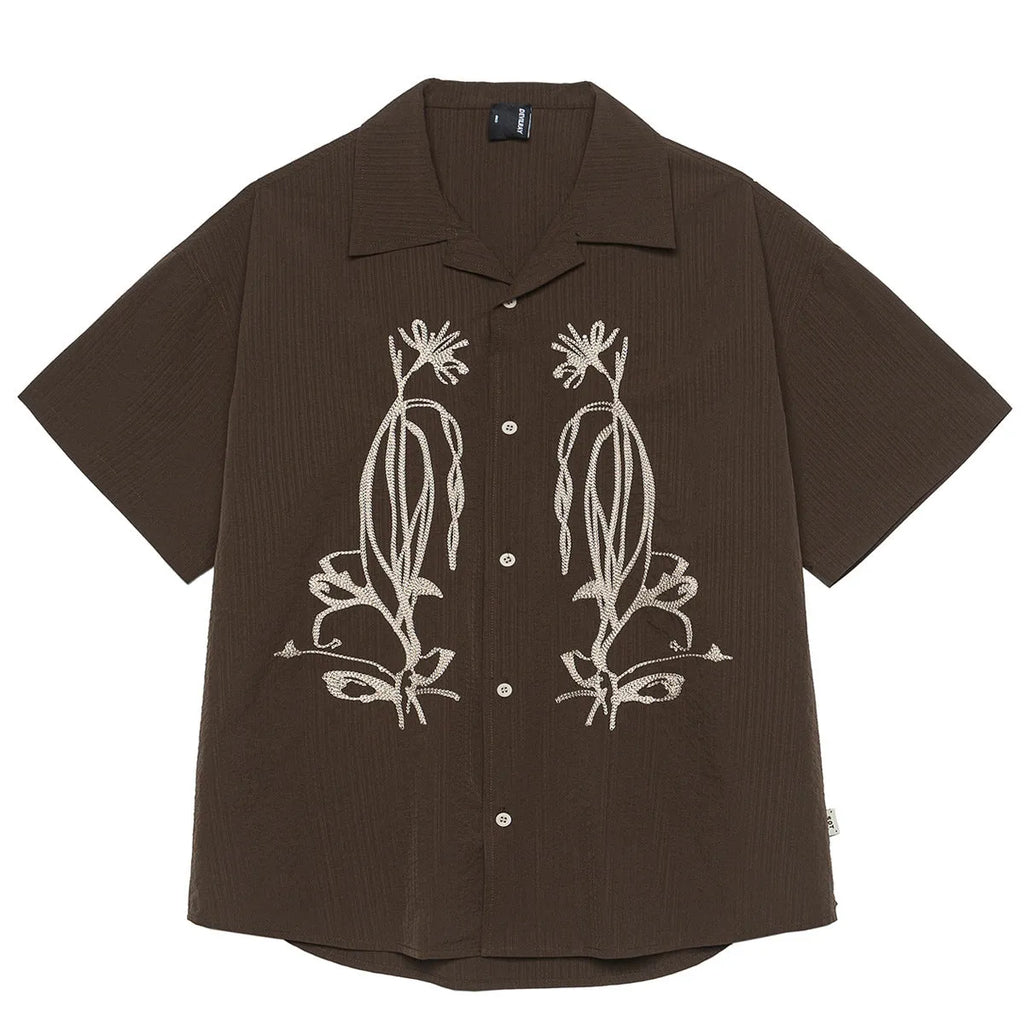 Brown striped men's short sleeve shirt with a Cuban collar, made from quick-dry polyester for outdoor use.