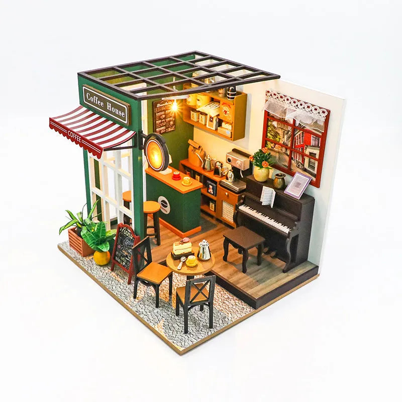 Wooden coffee shop doll house model kit with flash function and wooden construction