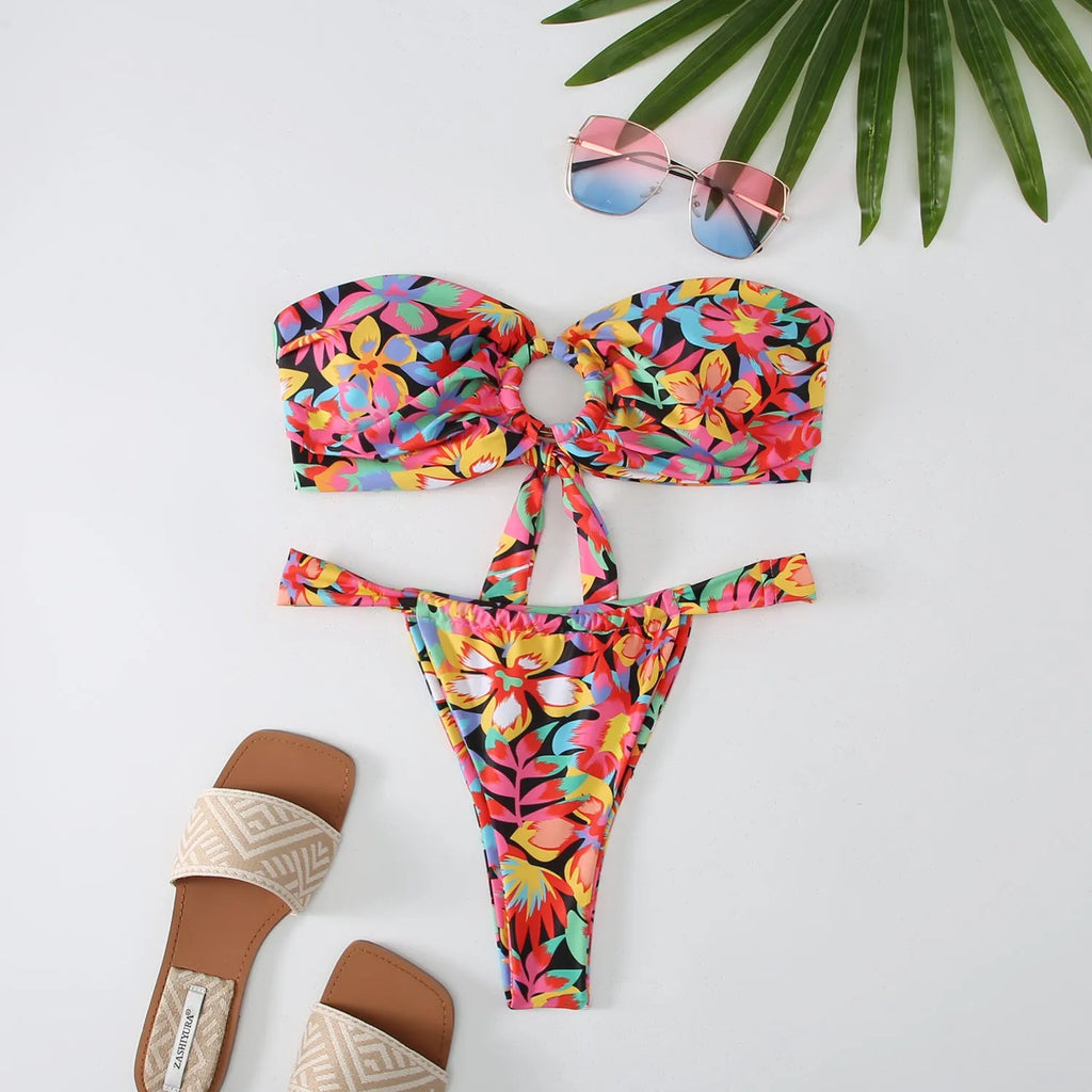 Women's floral printed ring bikini swimsuit with tube top and brief underwear in polyester spandex fabric