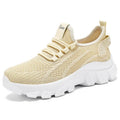 Men's white Flyknit tennis shoes with thick PVC sole and lace-up front