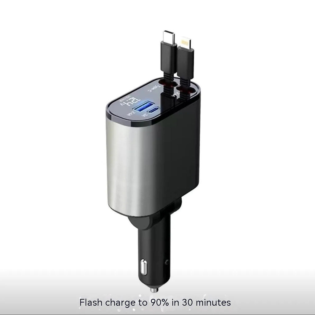 Automatic retractable car charger with fast-charging plug inserted into a vehicle cigarette lighter socket.